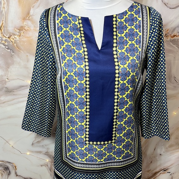 The Limited Retro Print Zippered 3/4 Sleeve Dress Navy and Multi Pattern SZ XS - Picture 2 of 15